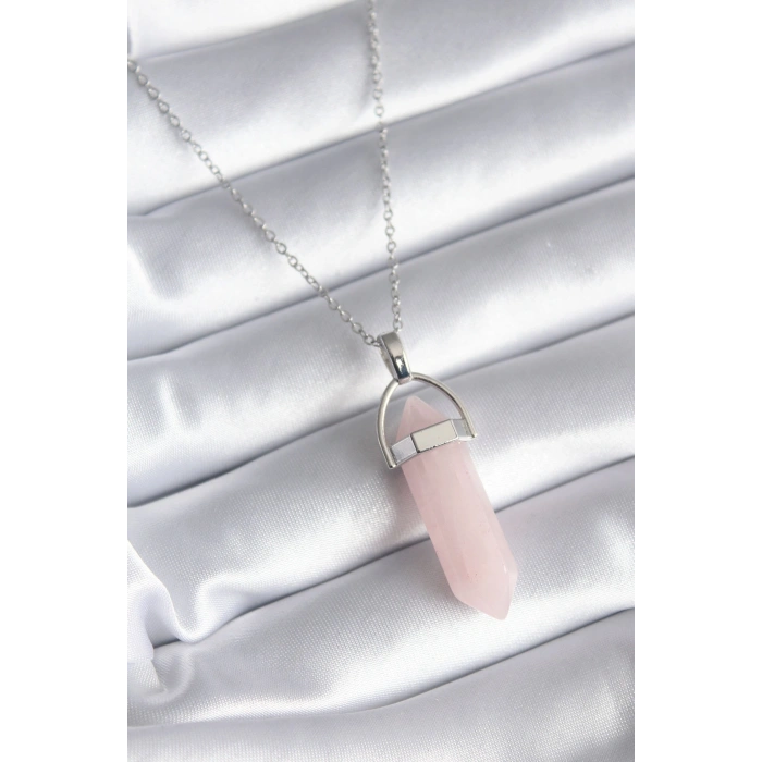 Erb 316L Çelik Gümüş Renk Pembe Taşlı Kadın Kolye