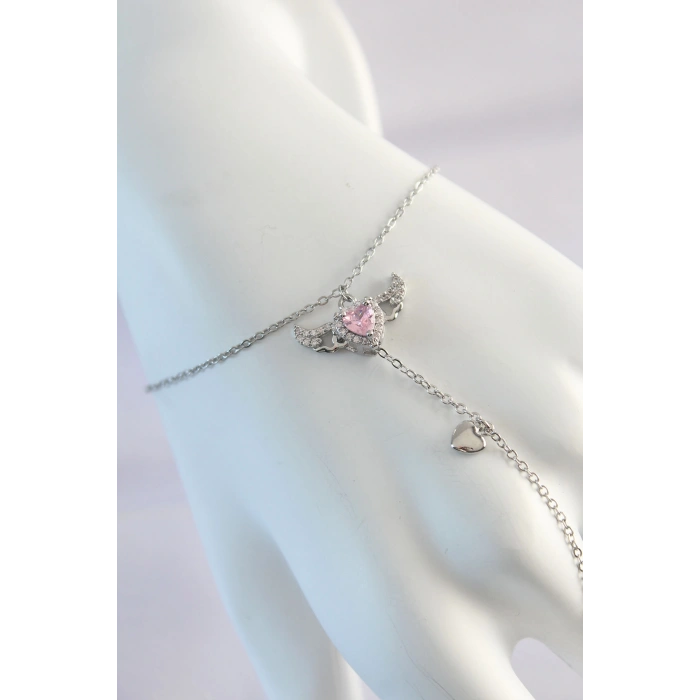 Erb 316L Çelik Gümüş Renk Pembe Zirkon Taşlı Kanatlı Kalp Model Şahmeran