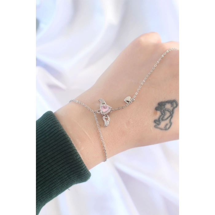 Erb 316L Çelik Gümüş Renk Pembe Zirkon Taşlı Kanatlı Kalp Model Şahmeran