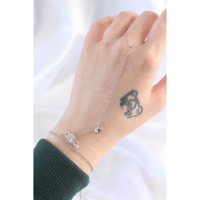 Erb 316L Çelik Gümüş Renk Pembe Zirkon Taşlı Kanatlı Kalp Model Şahmeran