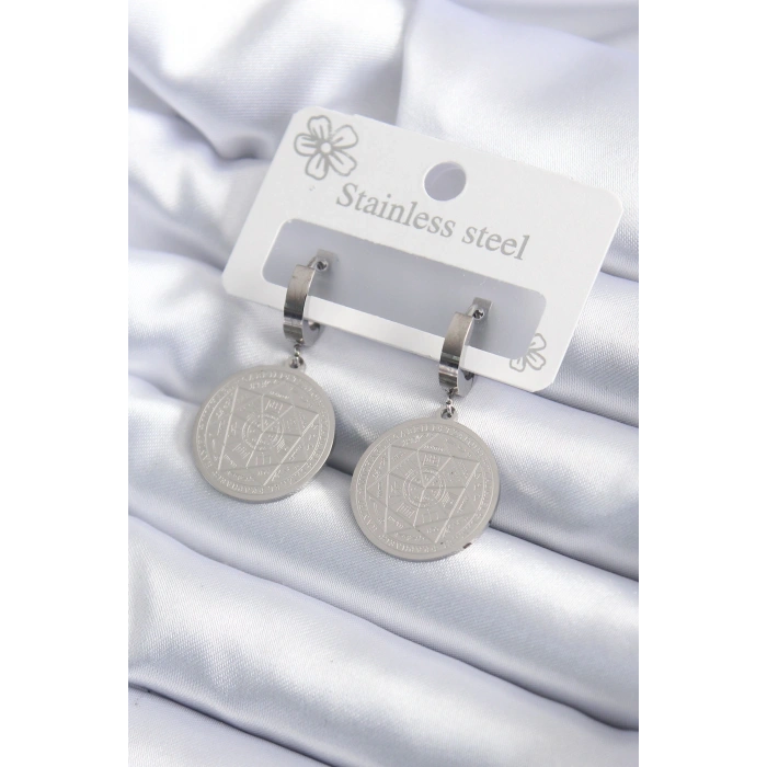 Erb 316L Çelik Gümüş Renk Pentagram İşleme Model Kadın Küpe