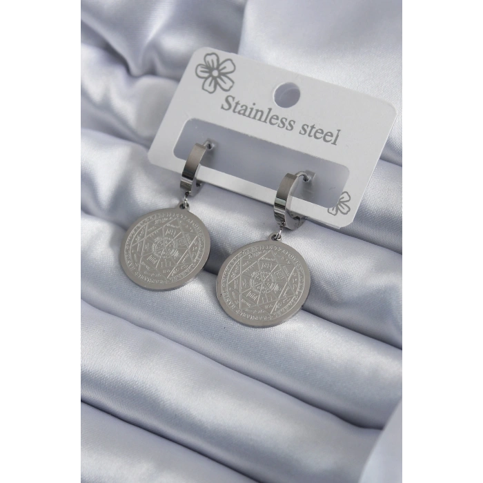 Erb 316L Çelik Gümüş Renk Pentagram Yıldızı İşleme Kadın Küpe