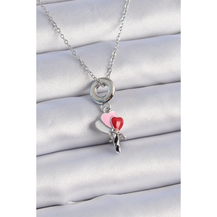 Erb 316L Çelik Gümüş Renk Renkli Kalp Figür Charm Model Kadın Kolye