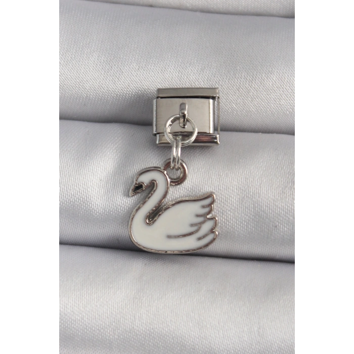 Erb 316L Çelik Gümüş Renk Sallantı Beyaz Kuğu Model Nomination Charm