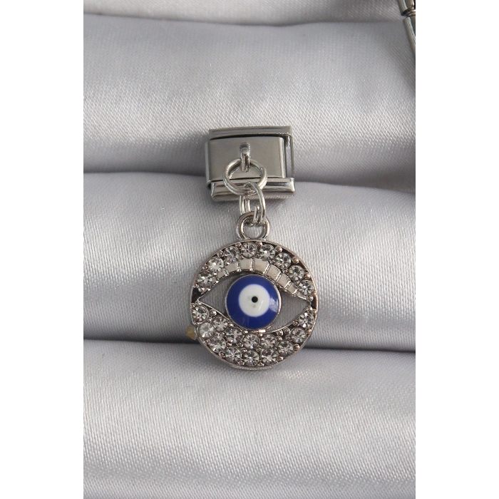 Erb 316L Çelik Gümüş Renk Sallantı Zirkon Taşlı Göz Model Nazar Boncuk Detay Nomination Charm