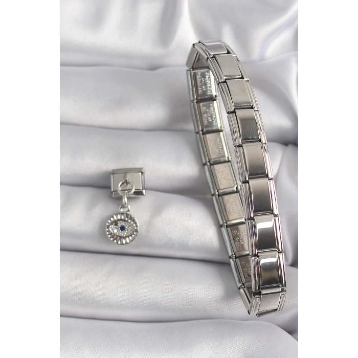 Erb 316L Çelik Gümüş Renk Sallantı Zirkon Taşlı Göz Model Nomination Charm