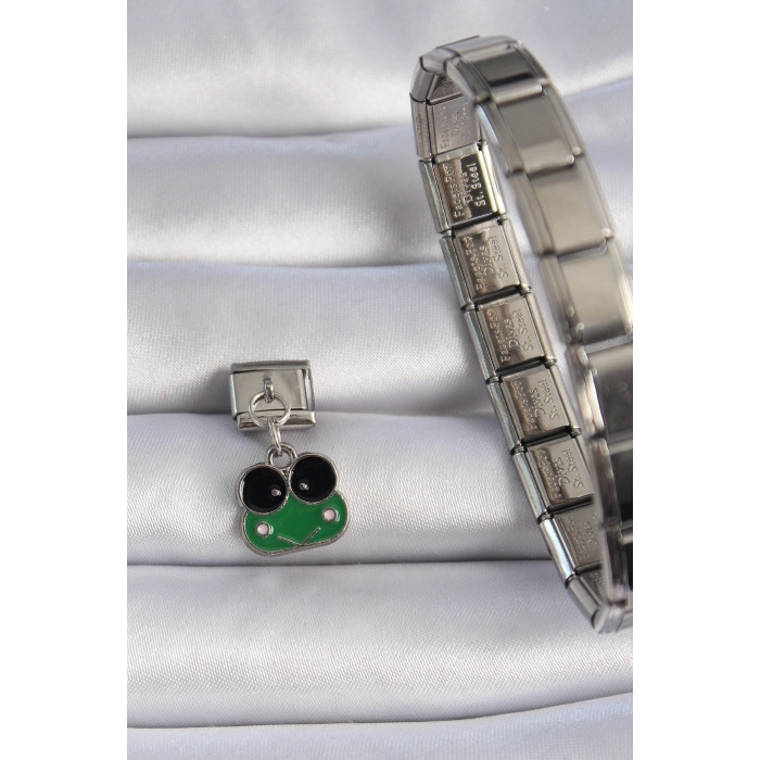 Erb 316L Çelik Gümüş Renk Sallantılı Yeşil Kurbağa Figür Nomination Charm