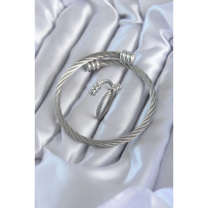 Erb 316L Çelik Gümüş Renk Sarmal Model Erkek Bileklik Yüzük Kombini