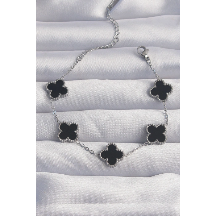 Erb 316L Çelik Gümüş Renk Siyah Mineli Yonca Bileklik