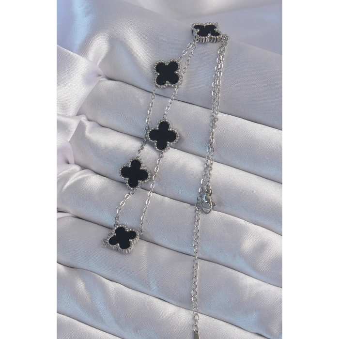 Erb 316L Çelik Gümüş Renk Siyah Mineli Yonca Kolye