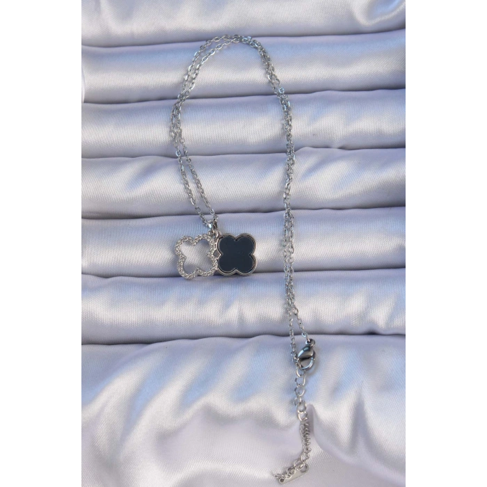 Erb 316L Çelik Gümüş Renk Siyah Mineli Zirkon Taşlı Yonca Figürlü Kolye