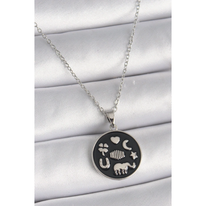 Erb 316L Çelik Gümüş Renk Siyah Renk Şans Kolyesi