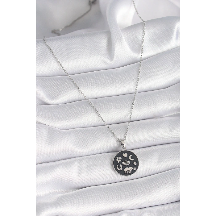 Erb 316L Çelik Gümüş Renk Siyah Renk Şans Kolyesi