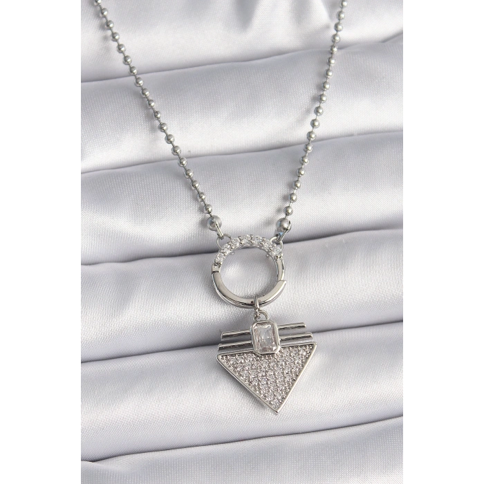 Erb 316L Çelik Gümüş Renk Topçuk Zincir Zirkon Taşlı Üçgen Model Kadın Kolye