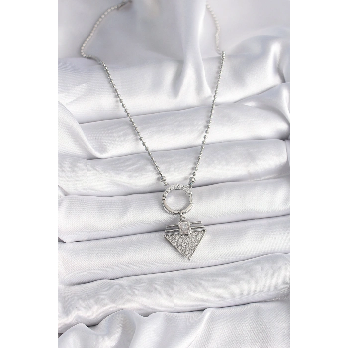 Erb 316L Çelik Gümüş Renk Topçuk Zincir Zirkon Taşlı Üçgen Model Kadın Kolye