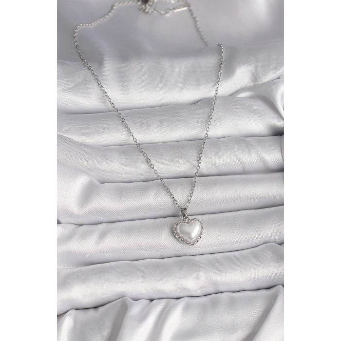Erb 316L Çelik Gümüş Renk Zincir 3D İnci Kalp Model Kadın Kolye