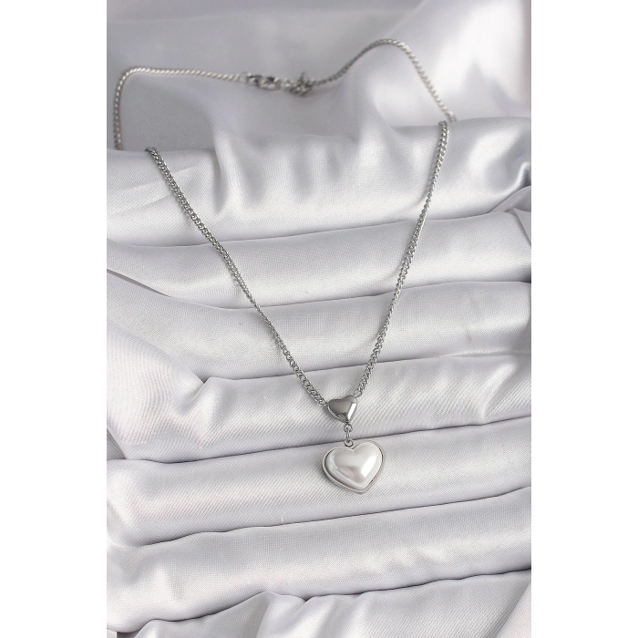 Erb 316L Çelik Gümüş Renk Zincir 3D Kalp Model Kadın Kolye