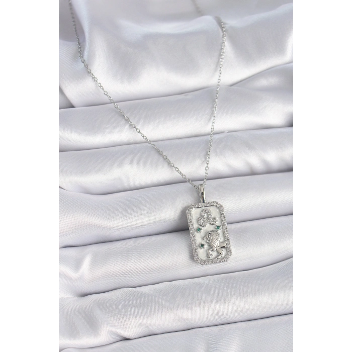 Erb 316L Çelik Gümüş Renk Zincir Aslan Burcu Zirkon Taşlı Kadın Kolye