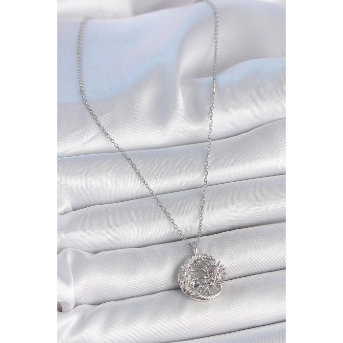 Erb 316L Çelik Gümüş Renk Zincir Ay Güneş Model Zirkon Taş Detay Kadın Kolye