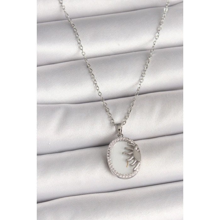 Erb 316L Çelik Gümüş Renk Zincir Beyaz Mineli Gün Batımı Model Zirkon Taş Detaylı Kadın Kolye