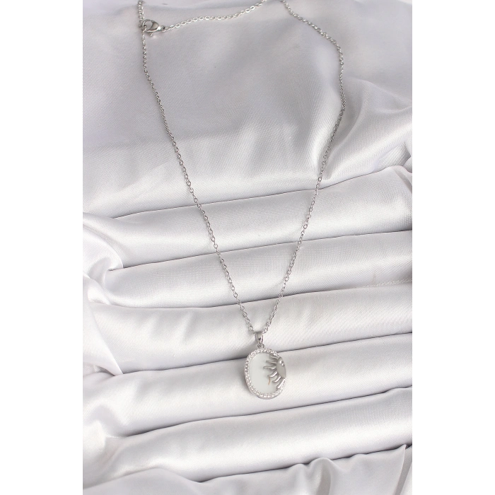 Erb 316L Çelik Gümüş Renk Zincir Beyaz Mineli Gün Batımı Model Zirkon Taş Detaylı Kadın Kolye