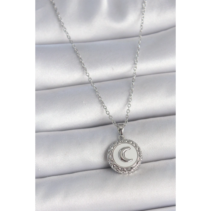 Erb 316L Çelik Gümüş Renk Zincir Beyaz Mineli Hilal İşlemeli Madalyon Model Kadın Kolye