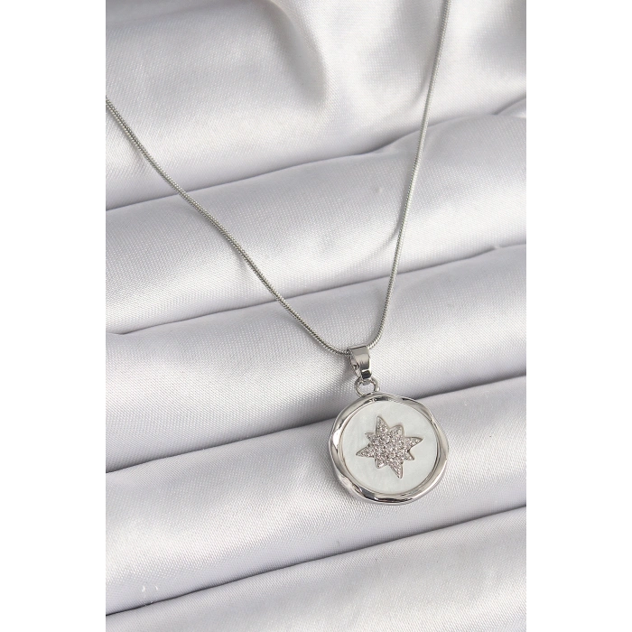 Erb 316L Çelik Gümüş Renk Zincir Beyaz Sedefli Zirkon Taşlı Yıldız İşleme Model Kadın Kolye