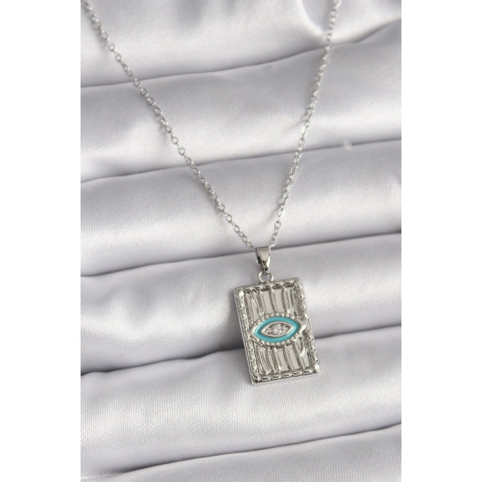 Erb 316L Çelik Gümüş Renk Zincir Göz İşlemeli Madalyon Model Kadın Kolye