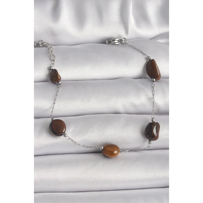 Erb 316L Çelik Gümüş Renk Zincir Kahverengi Doğaltaş Model Kadın Bileklik