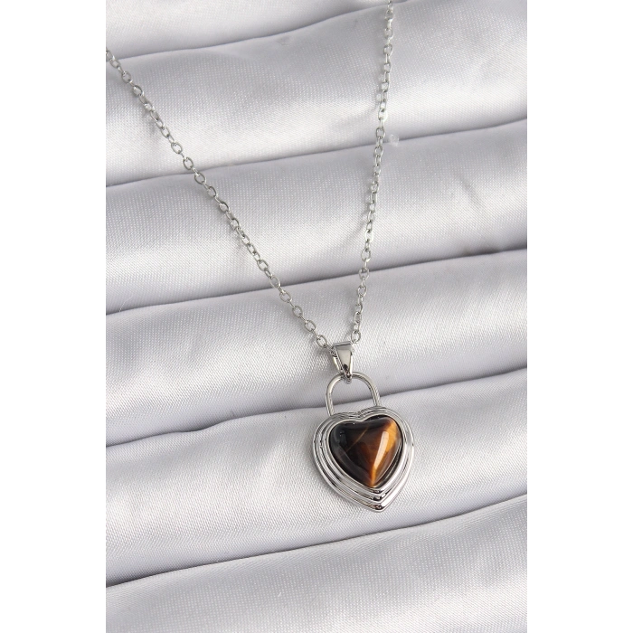 Erb 316L Çelik Gümüş Renk Zincir Kilit Kalp Kehribar Boncuk Model Kadın Kolye