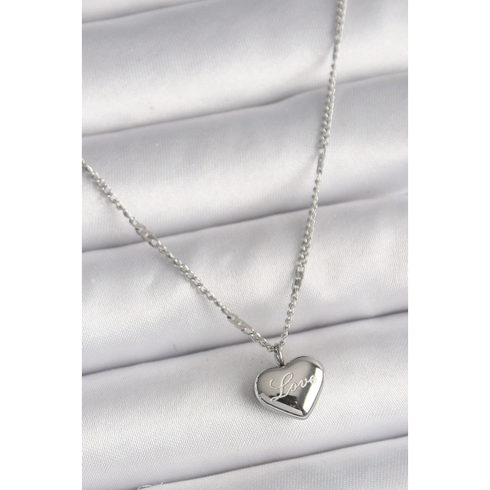 Erb 316L Çelik Gümüş Renk Zincir Love İşleme Kalp Figür Kadın Kolye