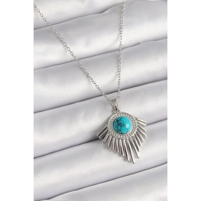 Erb 316L Çelik Gümüş Renk Zincir Mavi Boncuklu Zirkon Taşlı Kadın Kolye