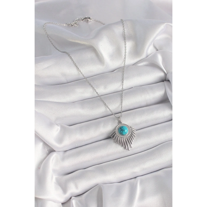 Erb 316L Çelik Gümüş Renk Zincir Mavi Boncuklu Zirkon Taşlı Kadın Kolye