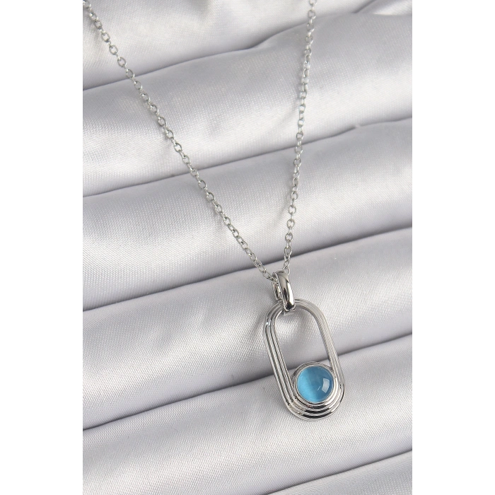 Erb 316L Çelik Gümüş Renk Zincir Mavi Kedi Göz Model Kadın Kolye