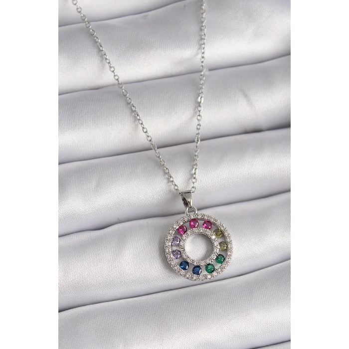Erb 316L Çelik Gümüş Renk Zincir Renkli Zirkon Taşlı Madalyon Model Kadın Kolye