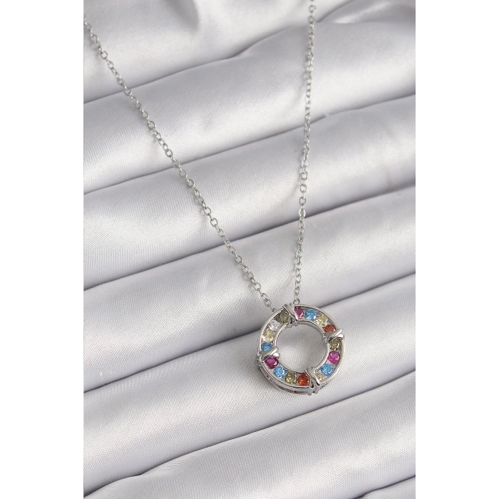 Erb 316L Çelik Gümüş Renk Zincir Renkli Zirkon Taşlı Xoxo Model Kadın Kolye