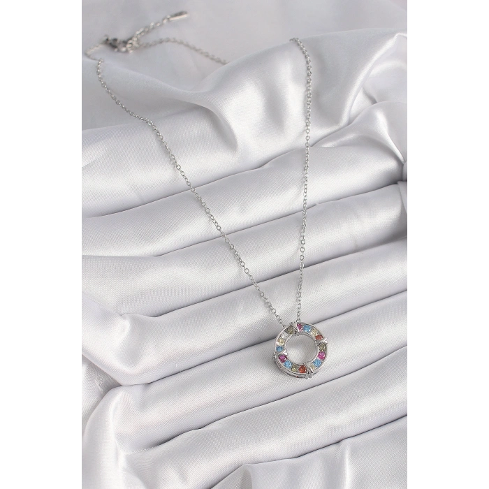 Erb 316L Çelik Gümüş Renk Zincir Renkli Zirkon Taşlı Xoxo Model Kadın Kolye