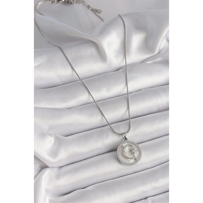 Erb 316L Çelik Gümüş Renk Zincir Zirkon Taş Detaylı Beyaz Sedefli Ay Yıldız İşleme Kadın Kolye