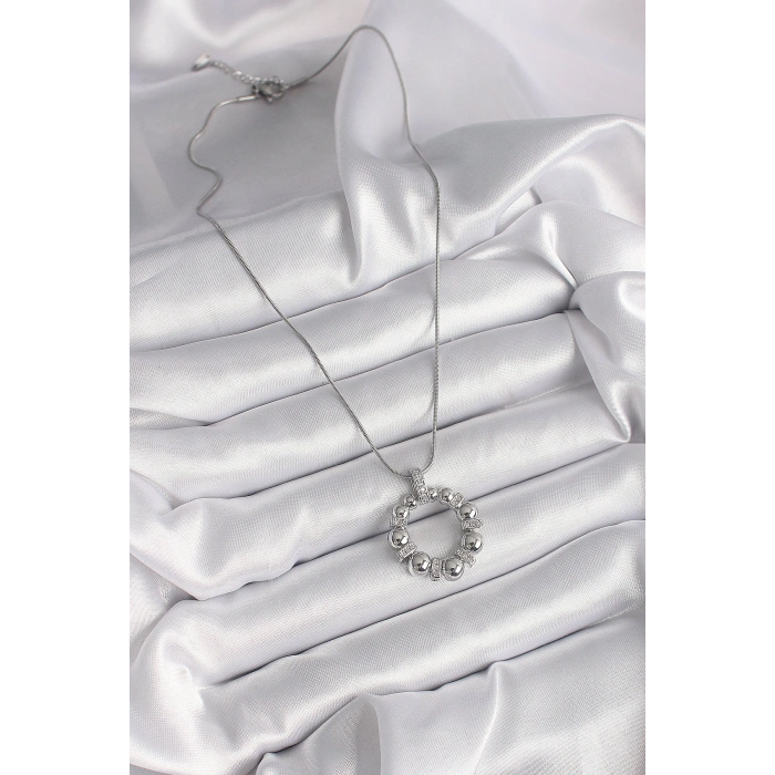 Erb 316L Çelik Gümüş Renk Zincir Zirkon Taş Detaylı Bombeli Halka Model Kadın Kolye