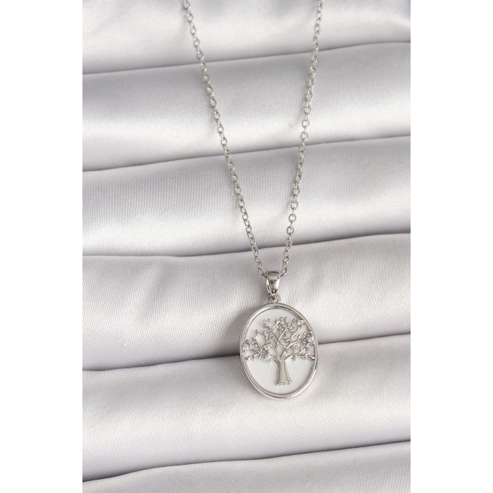 Erb 316L Çelik Gümüş Renk Zincir Zirkon Taş İşlemeli Beyaz Mineli Ağaç İşlemeli Portre Model Kadın Kolye