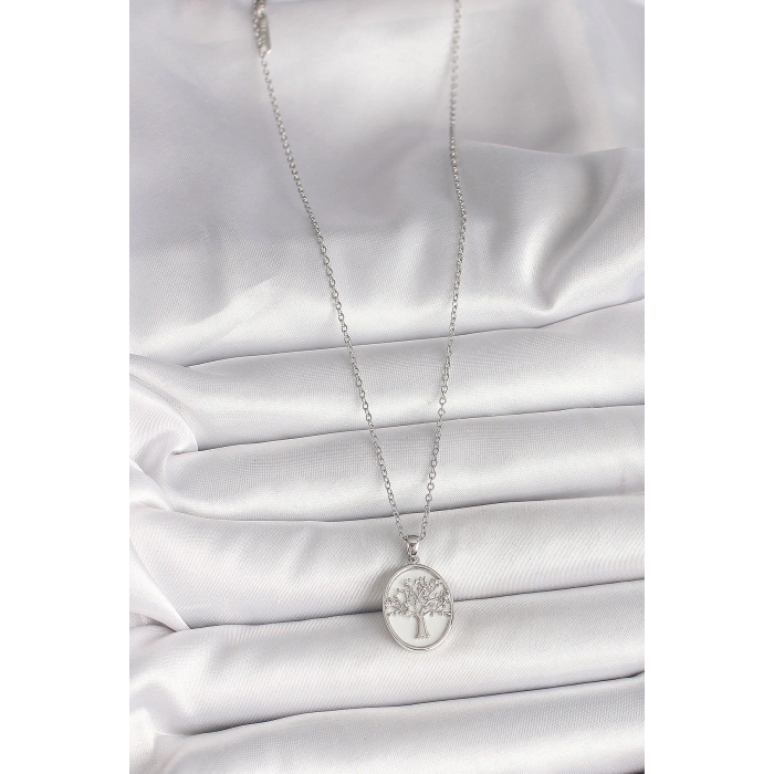 Erb 316L Çelik Gümüş Renk Zincir Zirkon Taş İşlemeli Beyaz Mineli Ağaç İşlemeli Portre Model Kadın Kolye