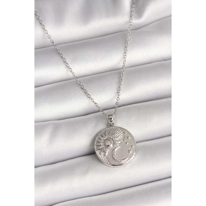 Erb 316L Çelik Gümüş Renk Zincir Zirkon Taşlı Ay Güneş İşlemeli Madalyon Model Kadın Kolye