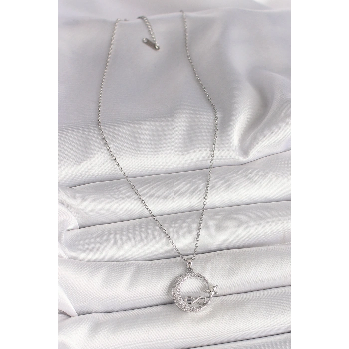 Erb 316L Çelik Gümüş Renk Zincir Zirkon Taşlı Ay Yıldız Model Sonsuzluk Detay Kadın Kolye