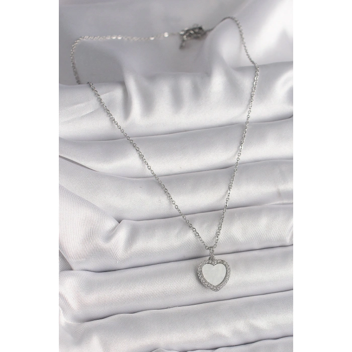 Erb 316L Çelik Gümüş Renk Zincir Zirkon Taşlı Beyaz Mineli Kalp Model Kadın Kolye