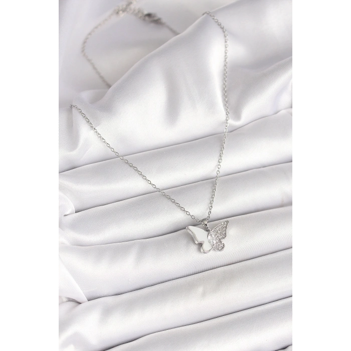 Erb 316L Çelik Gümüş Renk Zincir Zirkon Taşlı Beyaz Mineli Kelebek Model Kadın Kolye
