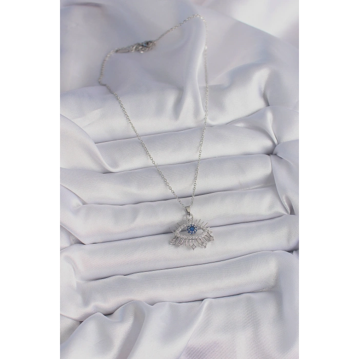 Erb 316L Çelik Gümüş Renk Zincir Zirkon Taşlı Göz Model Kadın Kolye