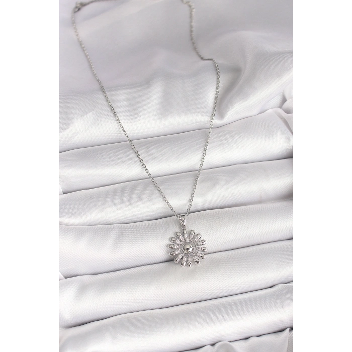 Erb 316L Çelik Gümüş Renk Zincir Zirkon Taşlı Güneş Model Kadın Kolye