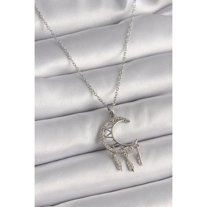 Erb 316L Çelik Gümüş Renk Zincir Zirkon Taşlı Hilal Model Sallantı Yaprak Detay Kadın Kolye