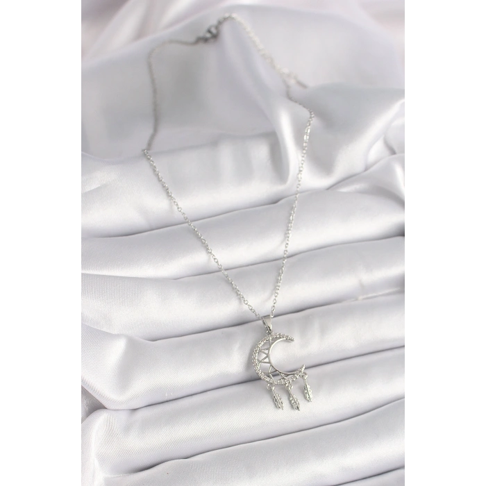 Erb 316L Çelik Gümüş Renk Zincir Zirkon Taşlı Hilal Model Sallantı Yaprak Detay Kadın Kolye