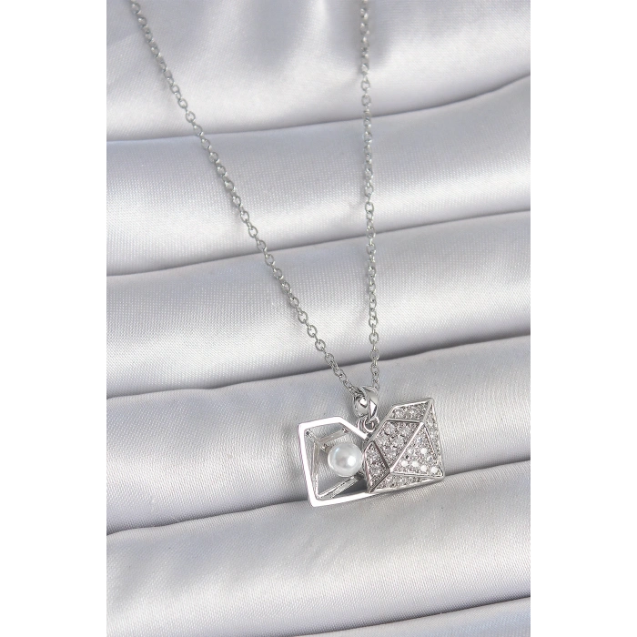 Erb 316L Çelik Gümüş Renk Zincir Zirkon Taşlı İncili Açılır Elmas Model Kadın Kolye